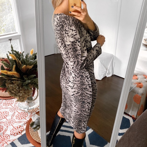 🖤 ZARA BLACK GREY ANIMAL PRINT LONG SLEEVE MIDI DRESS! - Picture 3 of 9